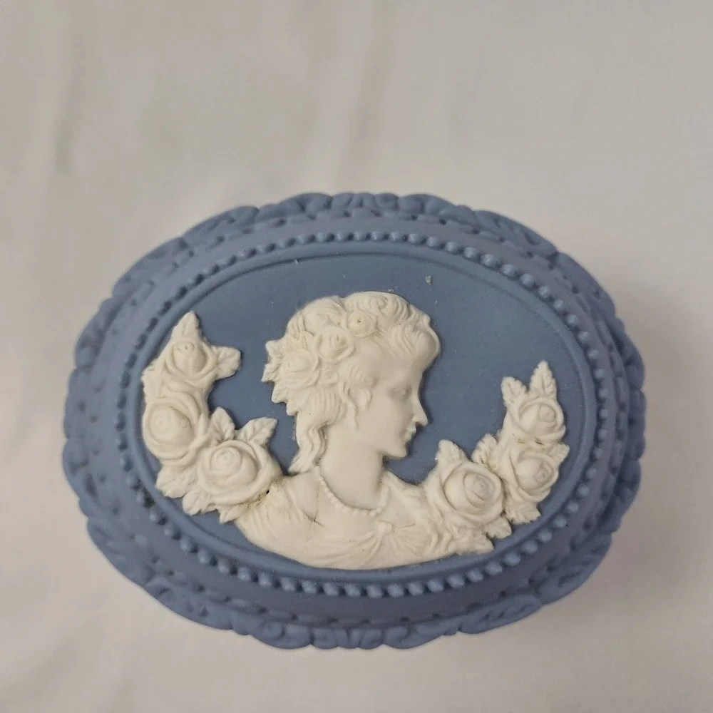 Vintage Blue Jasperware Style Trinket Box with White Relief Maiden Cameo